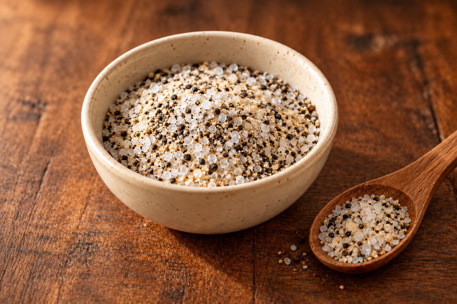 EFK All-Purpose SPG Seasoning blend in a cream bowl on dark rustic wood