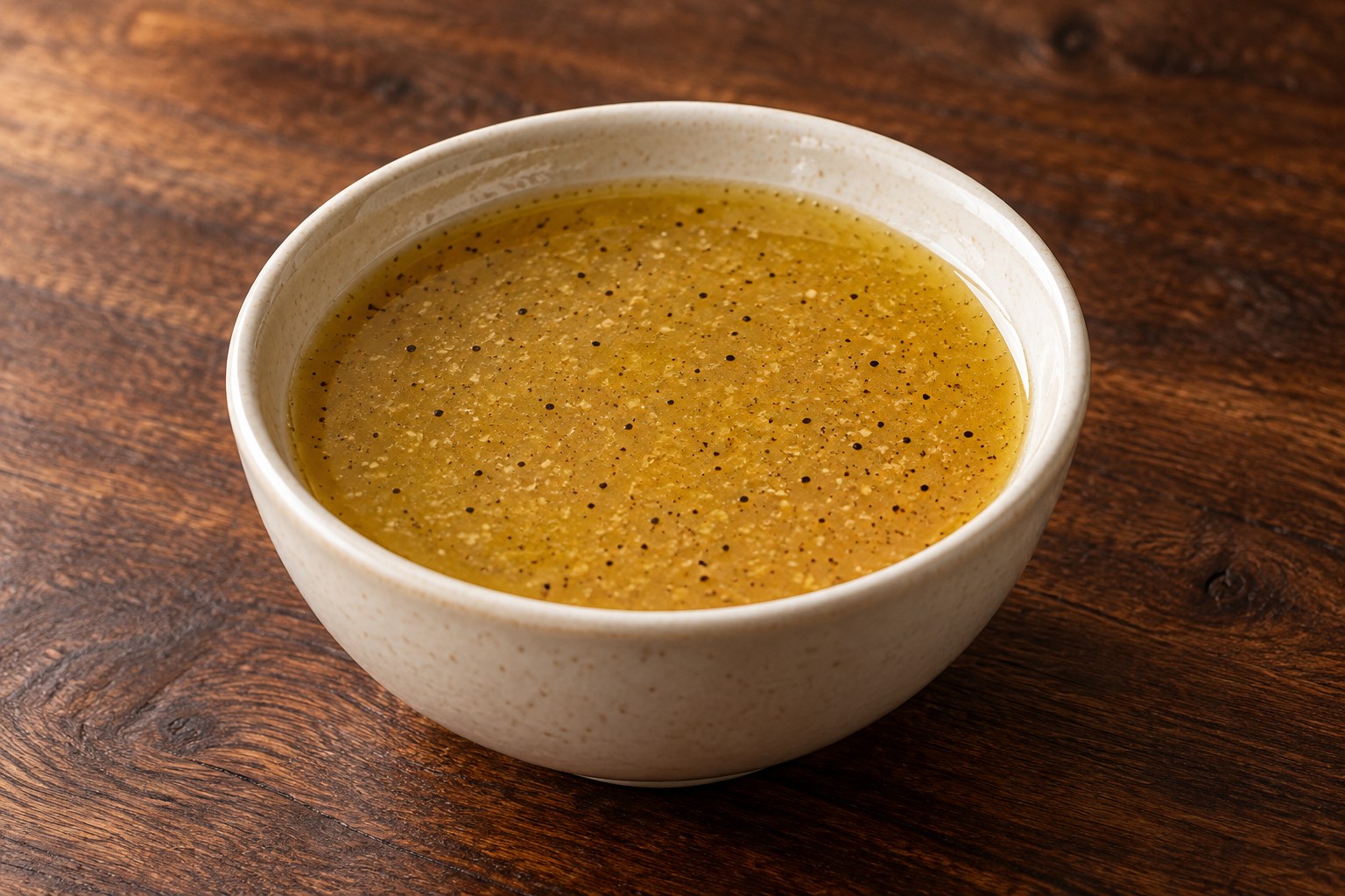 Amber-gold apple-cider vinaigrette in a cream bowl
