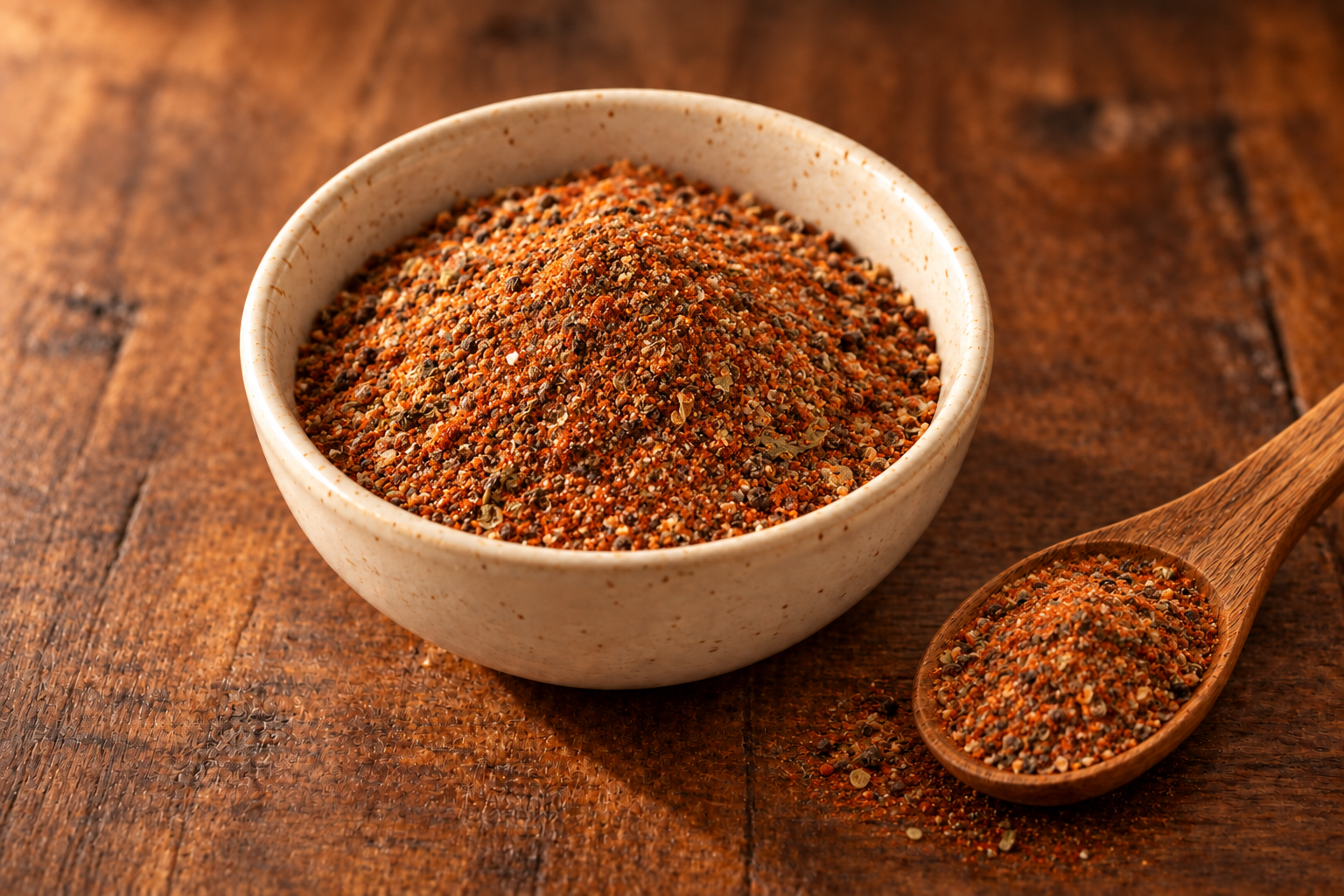 EFK Cajun-Style Seasoning blend in a cream bowl on dark rustic wood