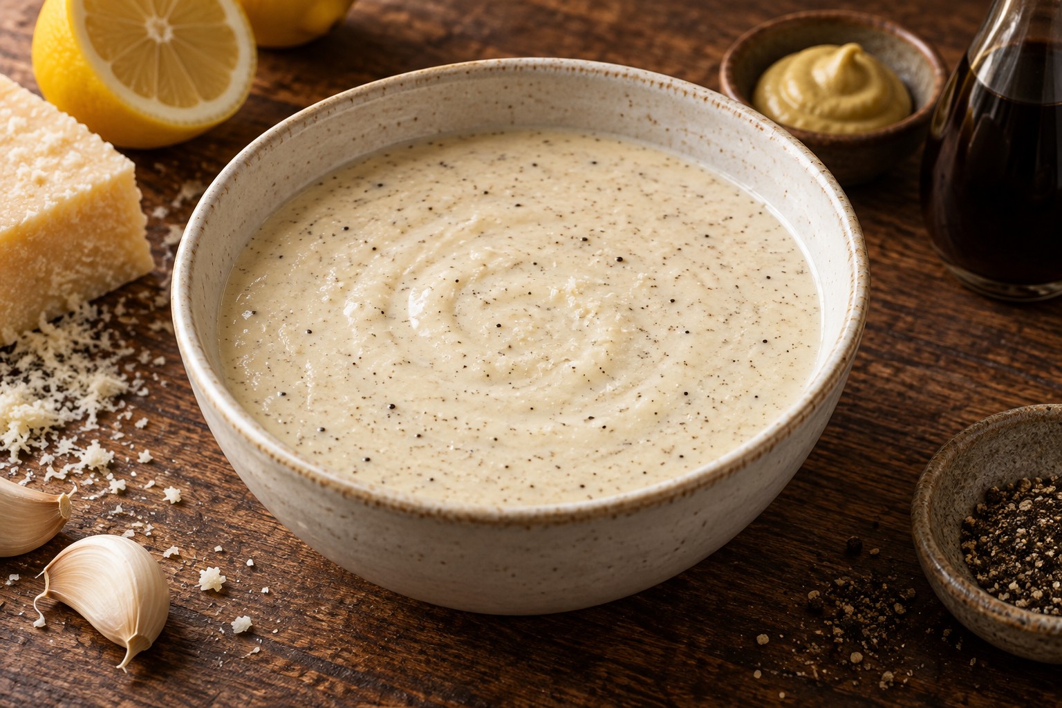Creamy Caesar dressing with Parmesan and pepper in a cream bowl on dark wood
