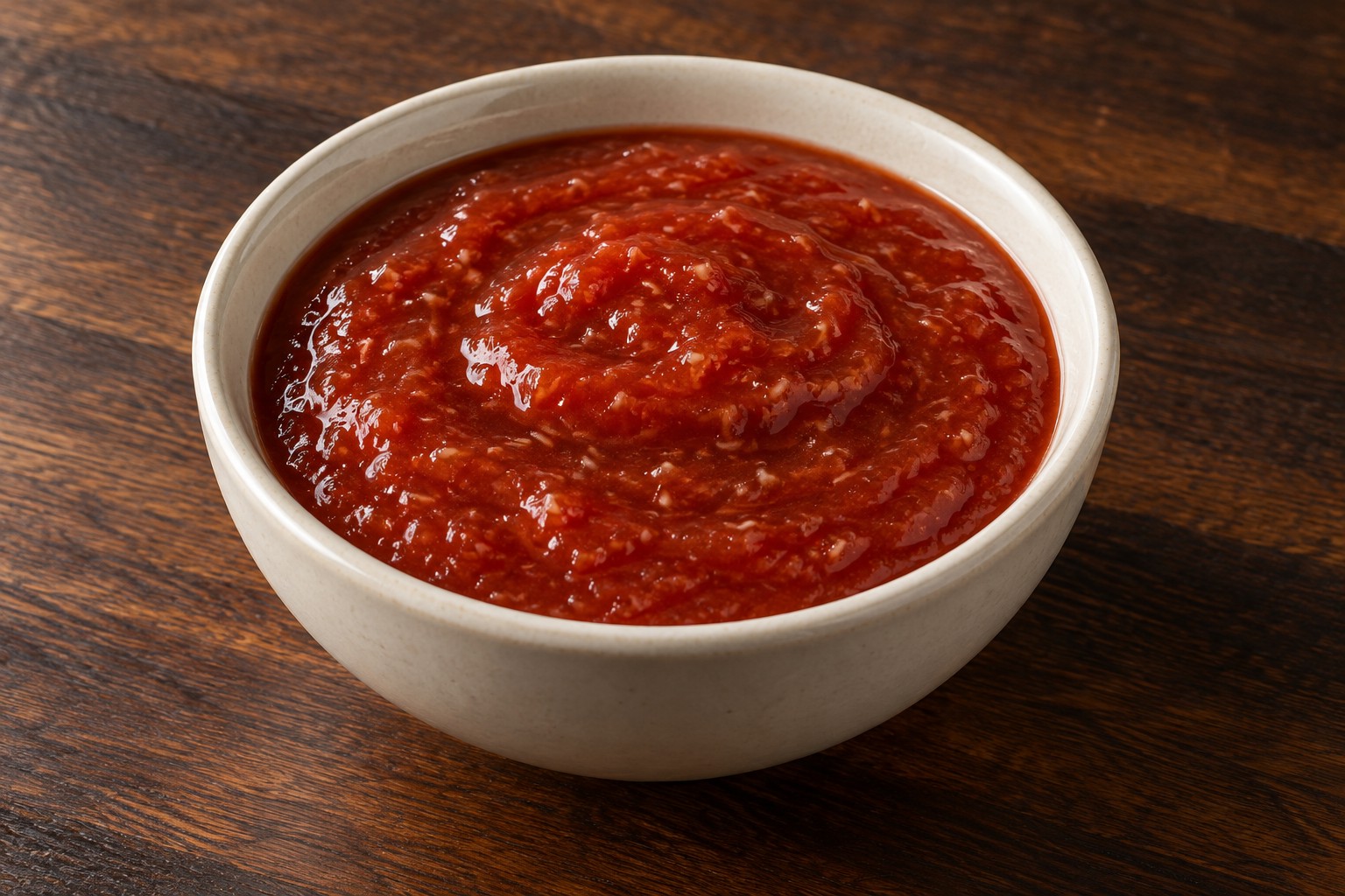 Tomato-red cocktail sauce with grated horseradish in a cream bowl