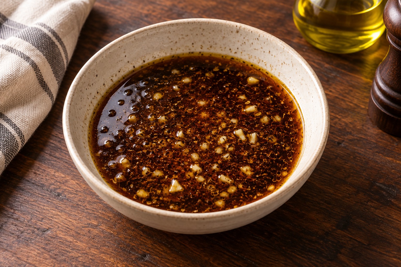 Dark Worcestershire and garlic steak marinade in a cream ceramic bowl