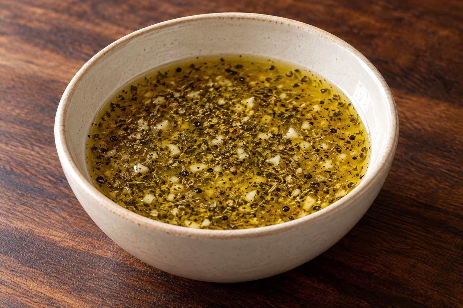 Golden garlic-herb vegetable marinade in a cream bowl