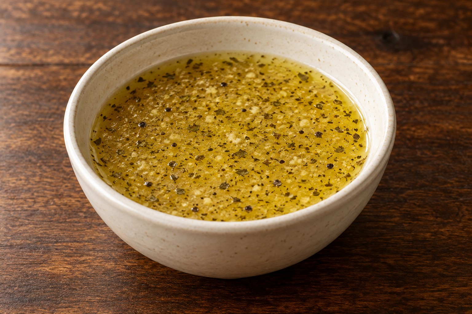 Golden Greek lemon-oregano vinaigrette in a cream bowl