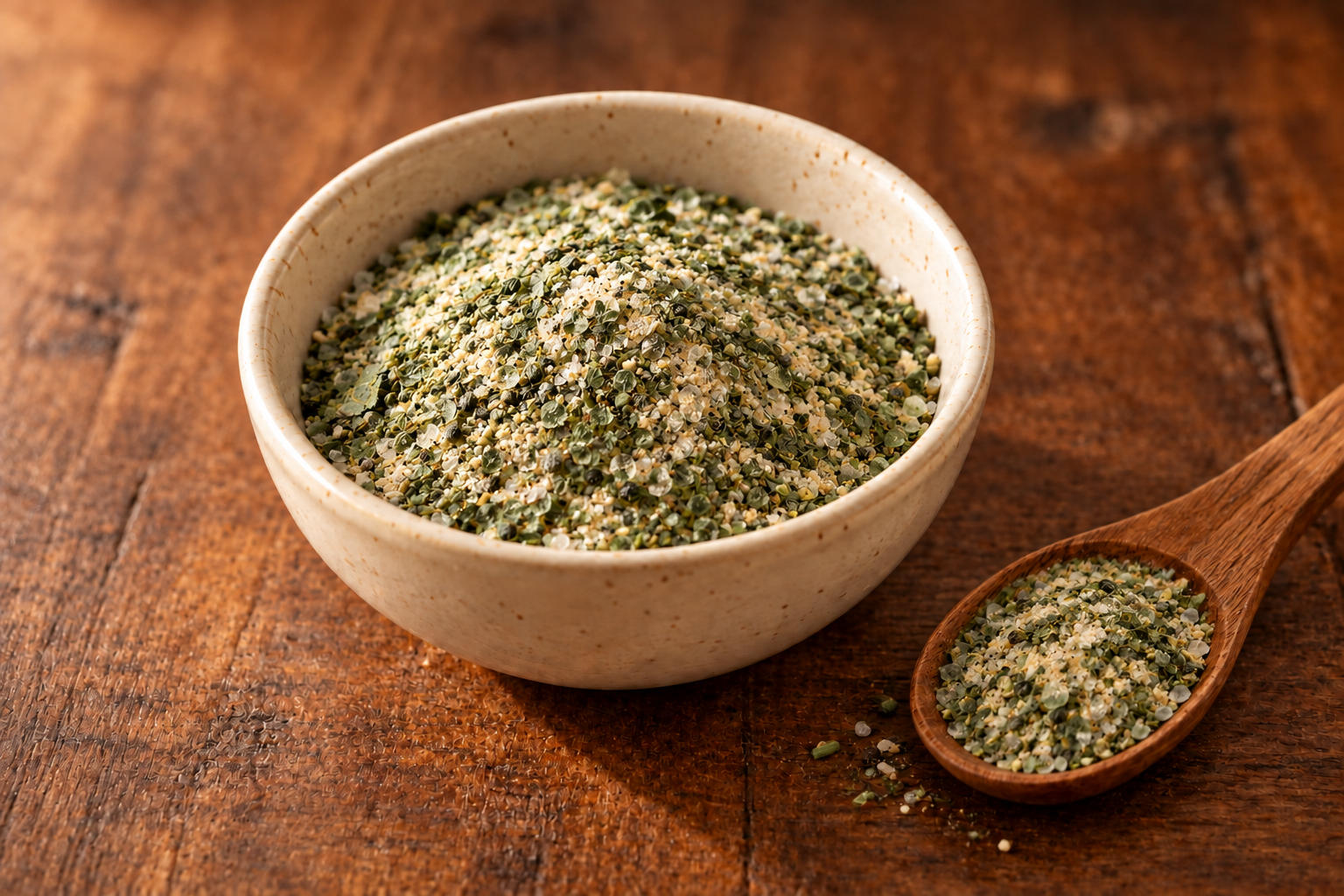 EFK Homemade Ranch Seasoning blend in a cream bowl on dark rustic wood