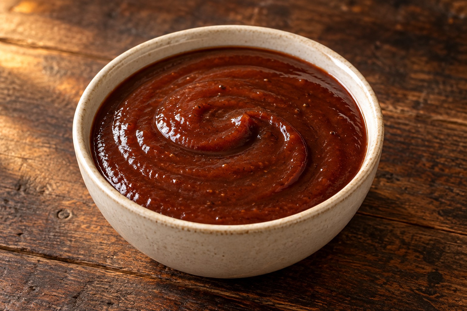 Glossy reddish brown homemade barbecue sauce in a cream bowl on dark wood