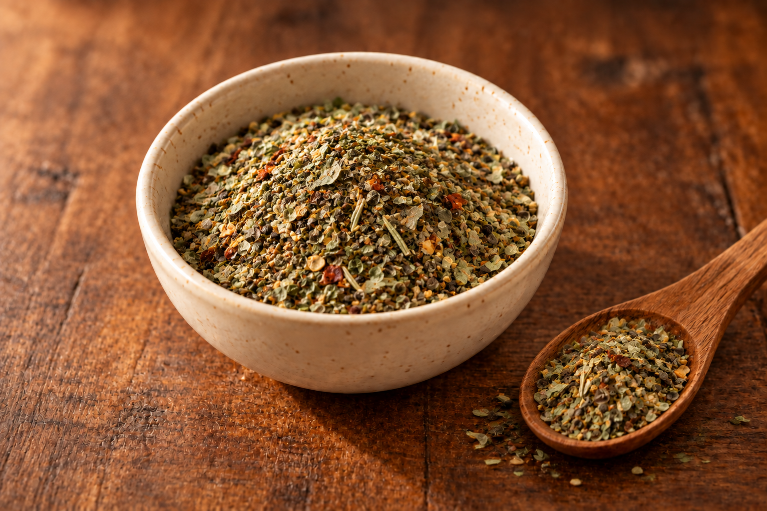 EFK Italian Herb Seasoning blend in a cream bowl on dark rustic wood