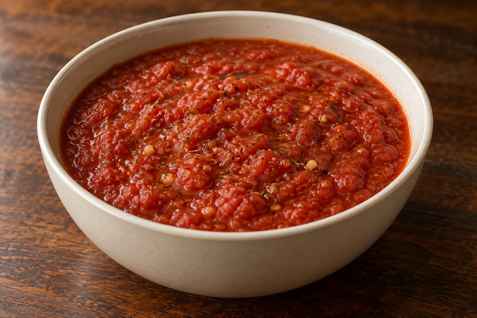 Rustic crushed-tomato marinara with Italian herbs in a cream bowl