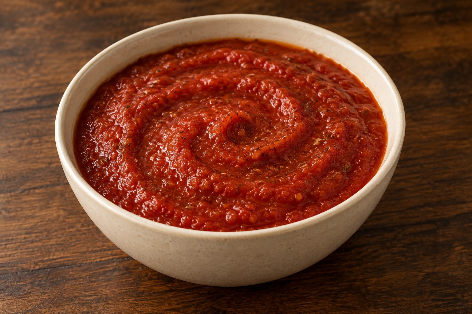 Thick tomato pizza sauce with dried Italian herbs in a cream bowl